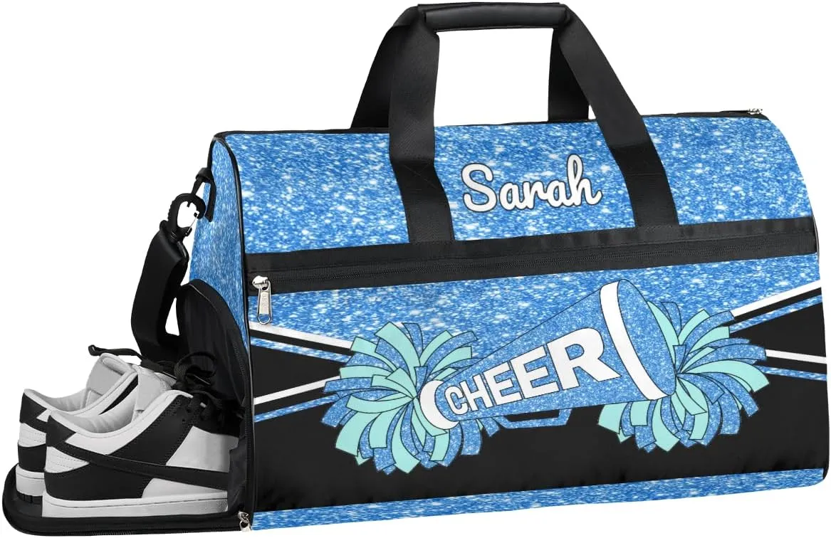 Custom Cheerleader Bag Personalized Cheer Bags with Name Dance Bag for Girls Gymnastics Bag with Shoes Compartment Glitter Skyblue