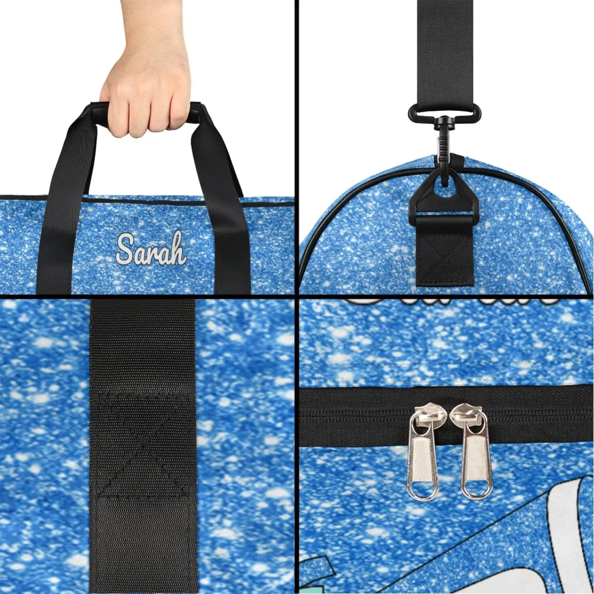 Custom Cheerleader Bag Personalized Cheer Bags with Name Dance Bag for Girls Gymnastics Bag with Shoes Compartment Glitter Skyblue