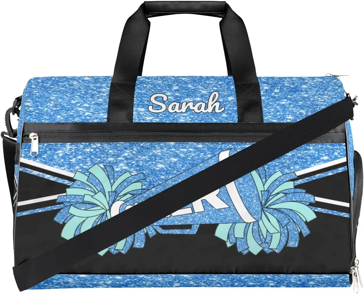 Custom Cheerleader Bag Personalized Cheer Bags with Name Dance Bag for Girls Gymnastics Bag with Shoes Compartment Glitter Skyblue