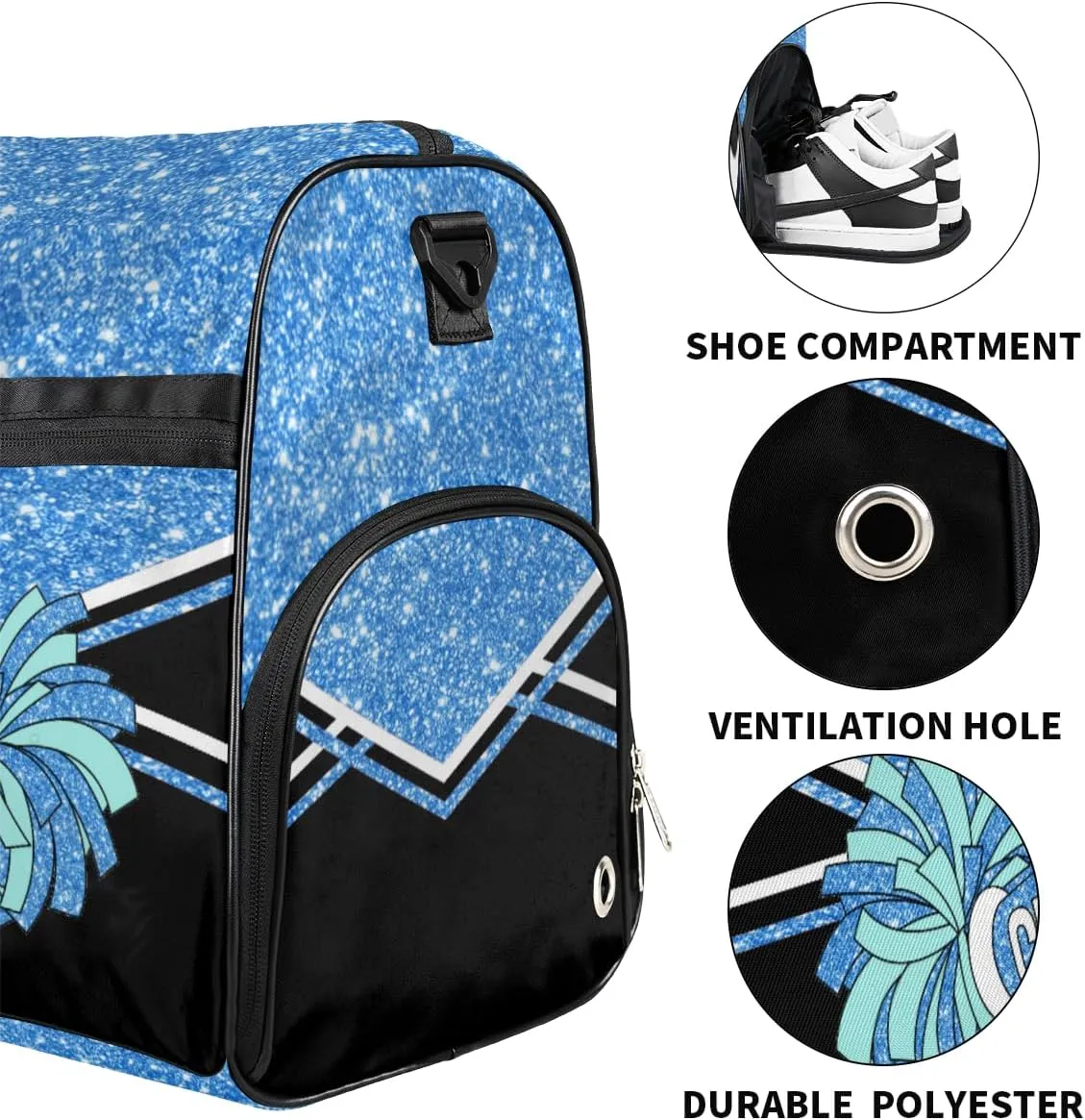 Custom Cheerleader Bag Personalized Cheer Bags with Name Dance Bag for Girls Gymnastics Bag with Shoes Compartment Glitter Skyblue