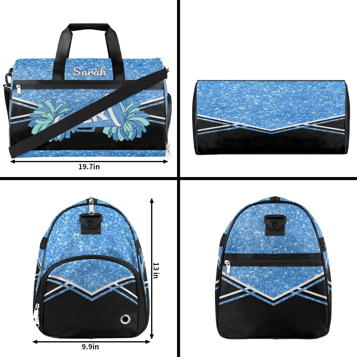 Custom Cheerleader Bag Personalized Cheer Bags with Name Dance Bag for Girls Gymnastics Bag with Shoes Compartment Glitter Skyblue