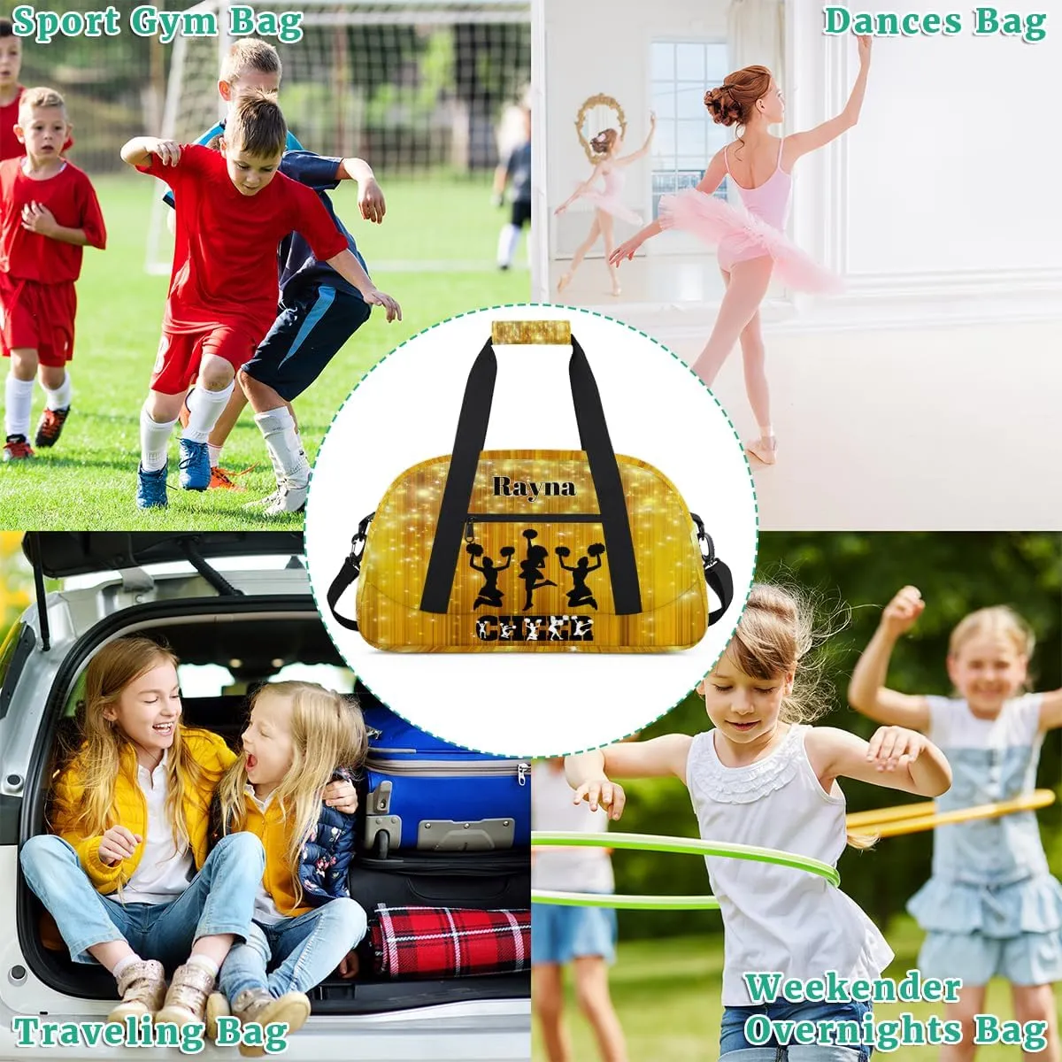 Custom Cheerleading Bag Girls, Custom Dance Cheerleader Bag Named Overnight Sport Duffel Bag for Practice Gymnastics Sports Bag, Gold Yellow Shiny Stars Cheer