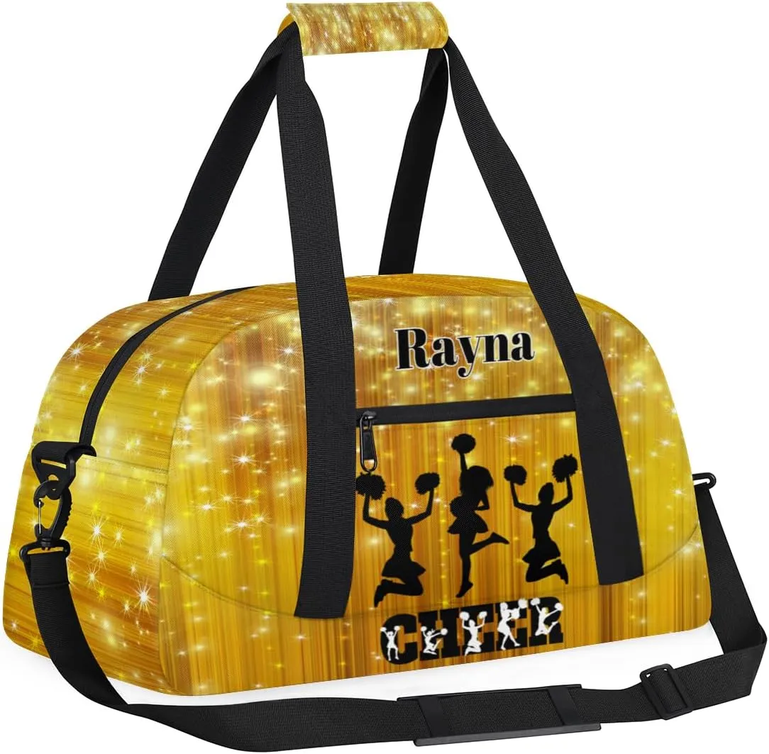 Custom Cheerleading Bag Girls, Custom Dance Cheerleader Bag Named Overnight Sport Duffel Bag for Practice Gymnastics Sports Bag, Gold Yellow Shiny Stars Cheer