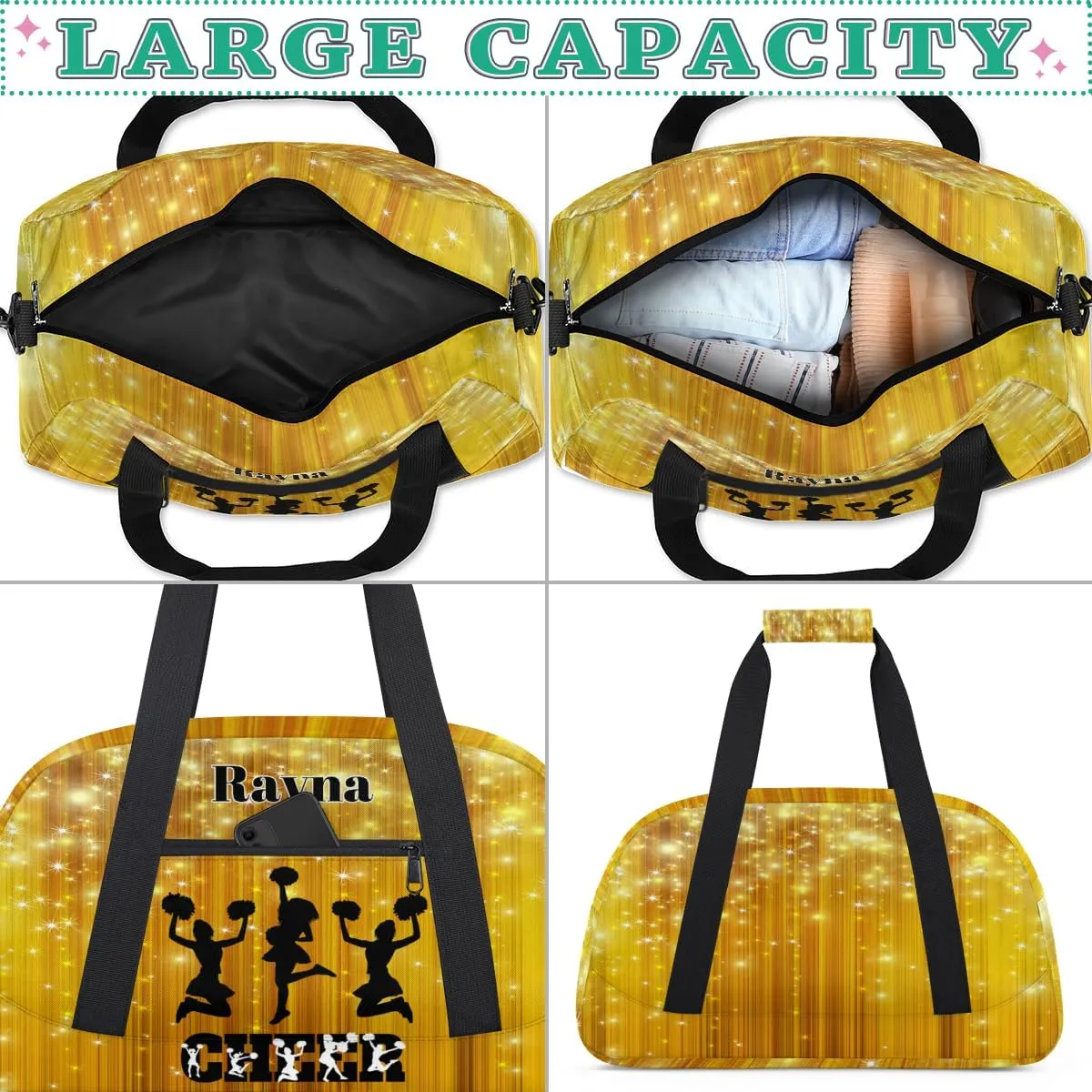 Custom Cheerleading Bag Girls, Custom Dance Cheerleader Bag Named Overnight Sport Duffel Bag for Practice Gymnastics Sports Bag, Gold Yellow Shiny Stars Cheer