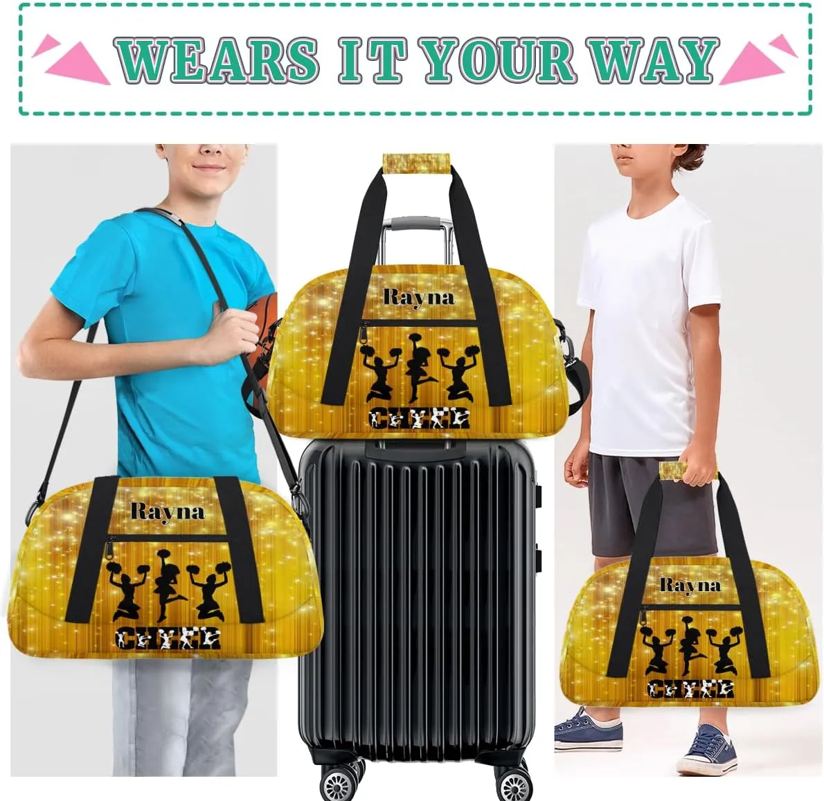 Custom Cheerleading Bag Girls, Custom Dance Cheerleader Bag Named Overnight Sport Duffel Bag for Practice Gymnastics Sports Bag, Gold Yellow Shiny Stars Cheer