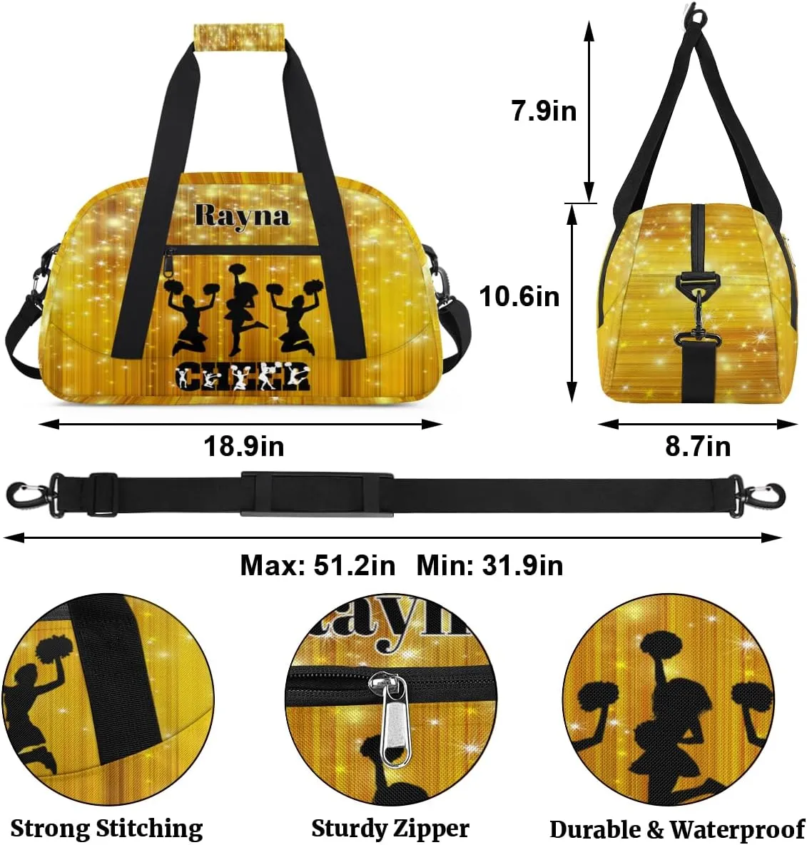 Custom Cheerleading Bag Girls, Custom Dance Cheerleader Bag Named Overnight Sport Duffel Bag for Practice Gymnastics Sports Bag, Gold Yellow Shiny Stars Cheer