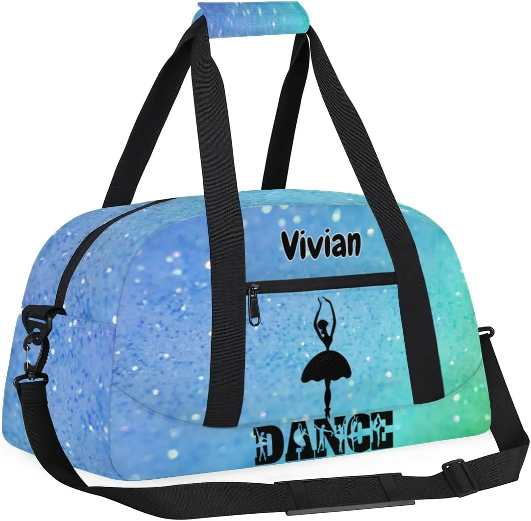 Custom Dance Bag for Girls Teens, Personalized Sports Gym Bag Overnight Duffel Bag Carry On Weekend Travel Workout Bag for Perform Gymnastics, Aqua Blue Glitters