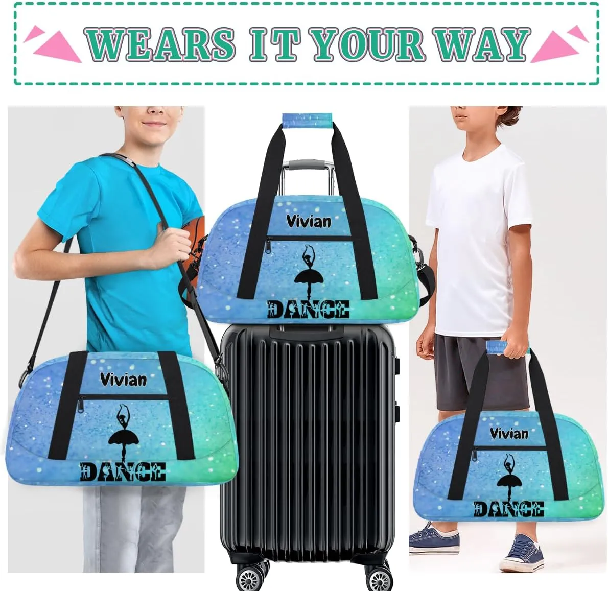 Custom Dance Bag for Girls Teens, Personalized Sports Gym Bag Overnight Duffel Bag Carry On Weekend Travel Workout Bag for Perform Gymnastics, Aqua Blue Glitters