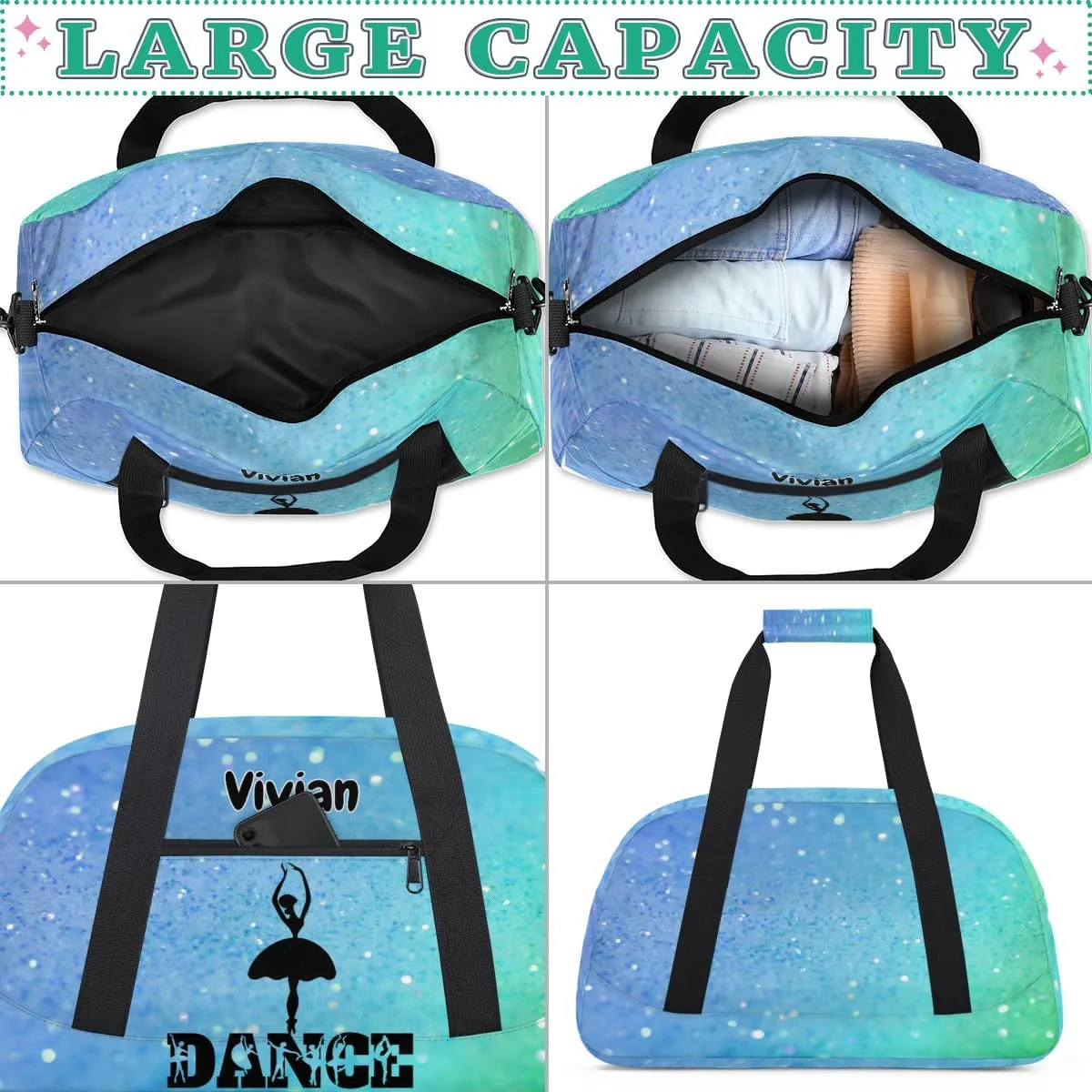 Custom Dance Bag for Girls Teens, Personalized Sports Gym Bag Overnight Duffel Bag Carry On Weekend Travel Workout Bag for Perform Gymnastics, Aqua Blue Glitters