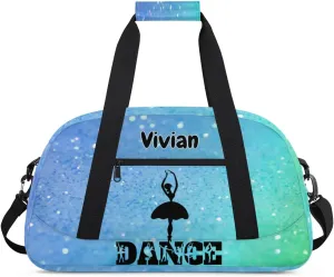 Custom Dance Bag for Girls Teens, Personalized Sports Gym Bag Overnight Duffel Bag Carry On Weekend Travel Workout Bag for Perform Gymnastics, Aqua Blue Glitters