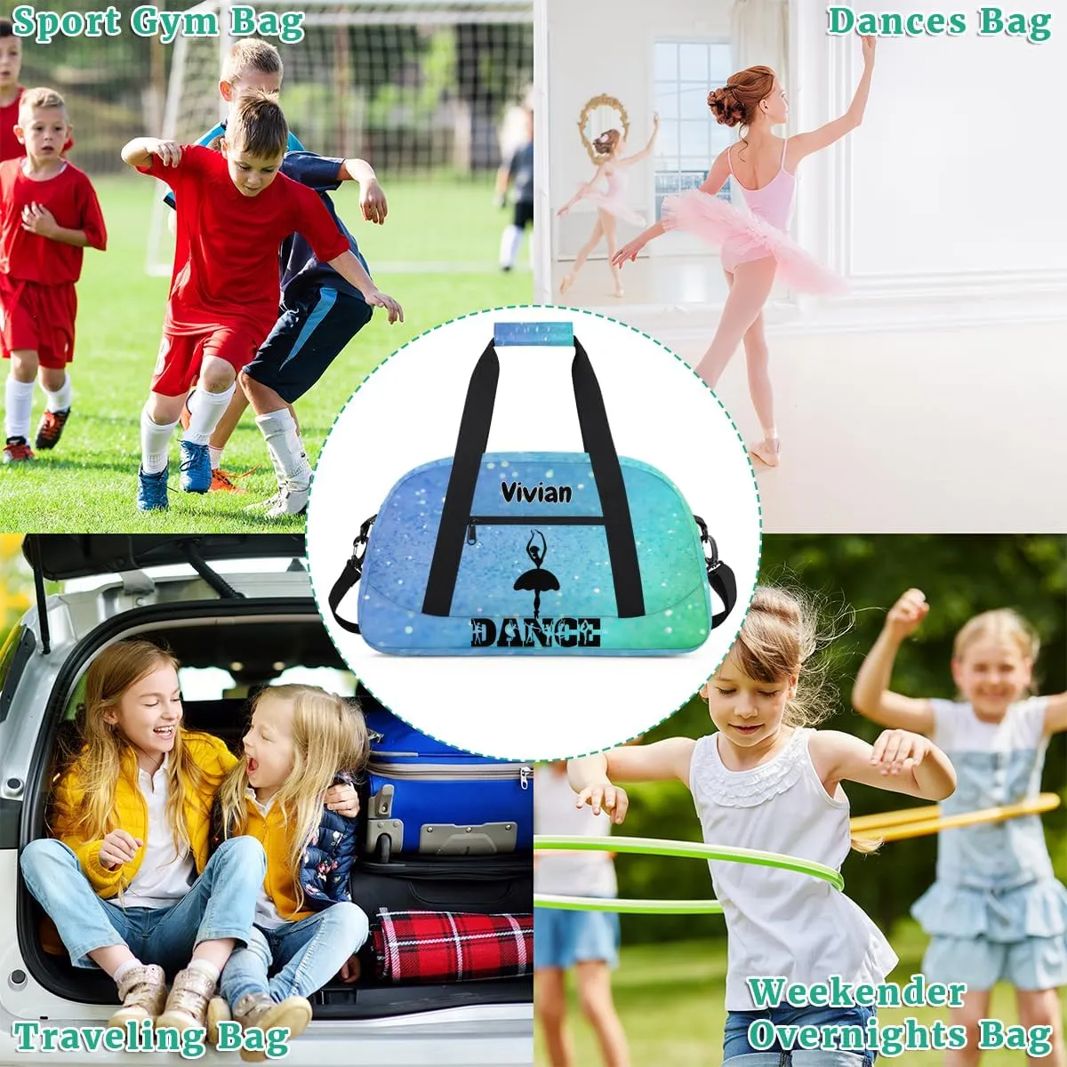 Custom Dance Bag for Girls Teens, Personalized Sports Gym Bag Overnight Duffel Bag Carry On Weekend Travel Workout Bag for Perform Gymnastics, Aqua Blue Glitters