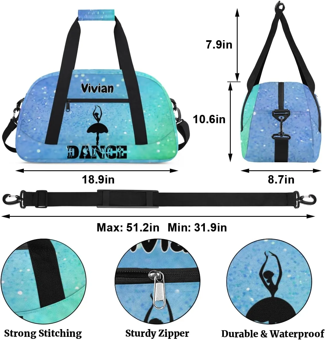 Custom Dance Bag for Girls Teens, Personalized Sports Gym Bag Overnight Duffel Bag Carry On Weekend Travel Workout Bag for Perform Gymnastics, Aqua Blue Glitters