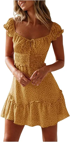 GOKKILRW Womens 2024 Summer Dress Scoop Neck Boho Floral Print Ruffle Hem Bodycon A Line Beach Vacation Casual Mini Dress