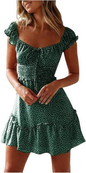GOKKILRW Womens 2024 Summer Dress Scoop Neck Boho Floral Print Ruffle Hem Bodycon A Line Beach Vacation Casual Mini Dress