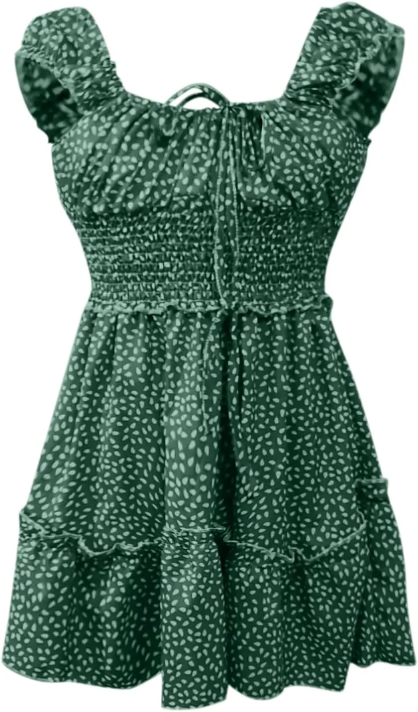 GOKKILRW Womens 2024 Summer Dress Scoop Neck Boho Floral Print Ruffle Hem Bodycon A Line Beach Vacation Casual Mini Dress