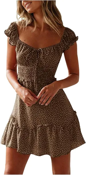 GOKKILRW Womens 2024 Summer Dress Scoop Neck Boho Floral Print Ruffle Hem Bodycon A Line Beach Vacation Casual Mini Dress