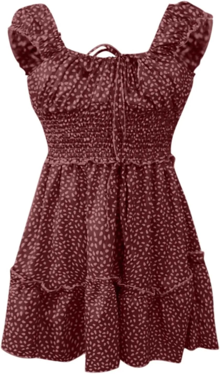 GOKKILRW Womens 2024 Summer Dress Scoop Neck Boho Floral Print Ruffle Hem Bodycon A Line Beach Vacation Casual Mini Dress