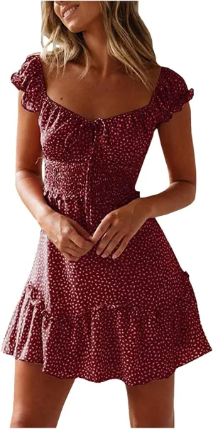 GOKKILRW Womens 2024 Summer Dress Scoop Neck Boho Floral Print Ruffle Hem Bodycon A Line Beach Vacation Casual Mini Dress