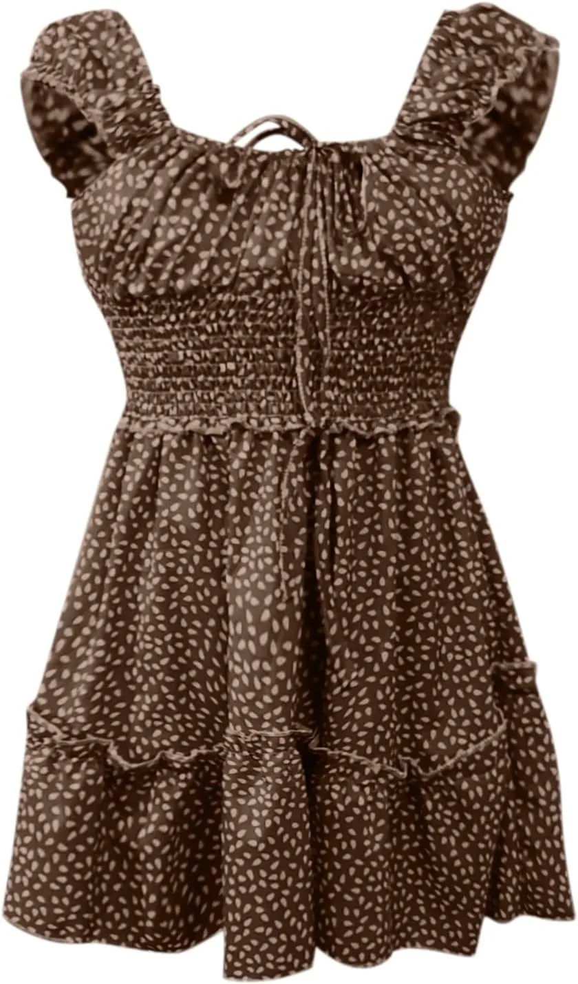 GOKKILRW Womens 2024 Summer Dress Scoop Neck Boho Floral Print Ruffle Hem Bodycon A Line Beach Vacation Casual Mini Dress