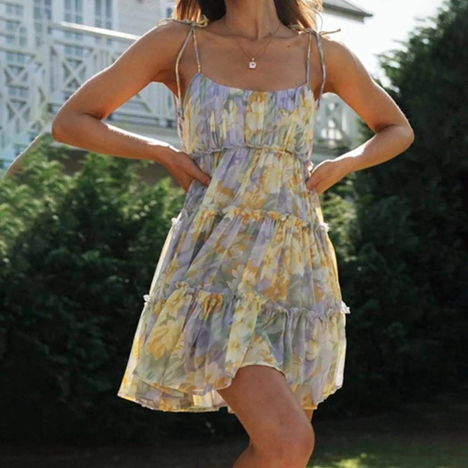GOKKILRW Women's Summer Dress Boho Floral Print Spaghetti Strap Flowy Cami Dresses Sundresses Y2K Smocked Beach Mini Dresses