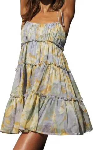 GOKKILRW Women's Summer Dress Boho Floral Print Spaghetti Strap Flowy Cami Dresses Sundresses Y2K Smocked Beach Mini Dresses