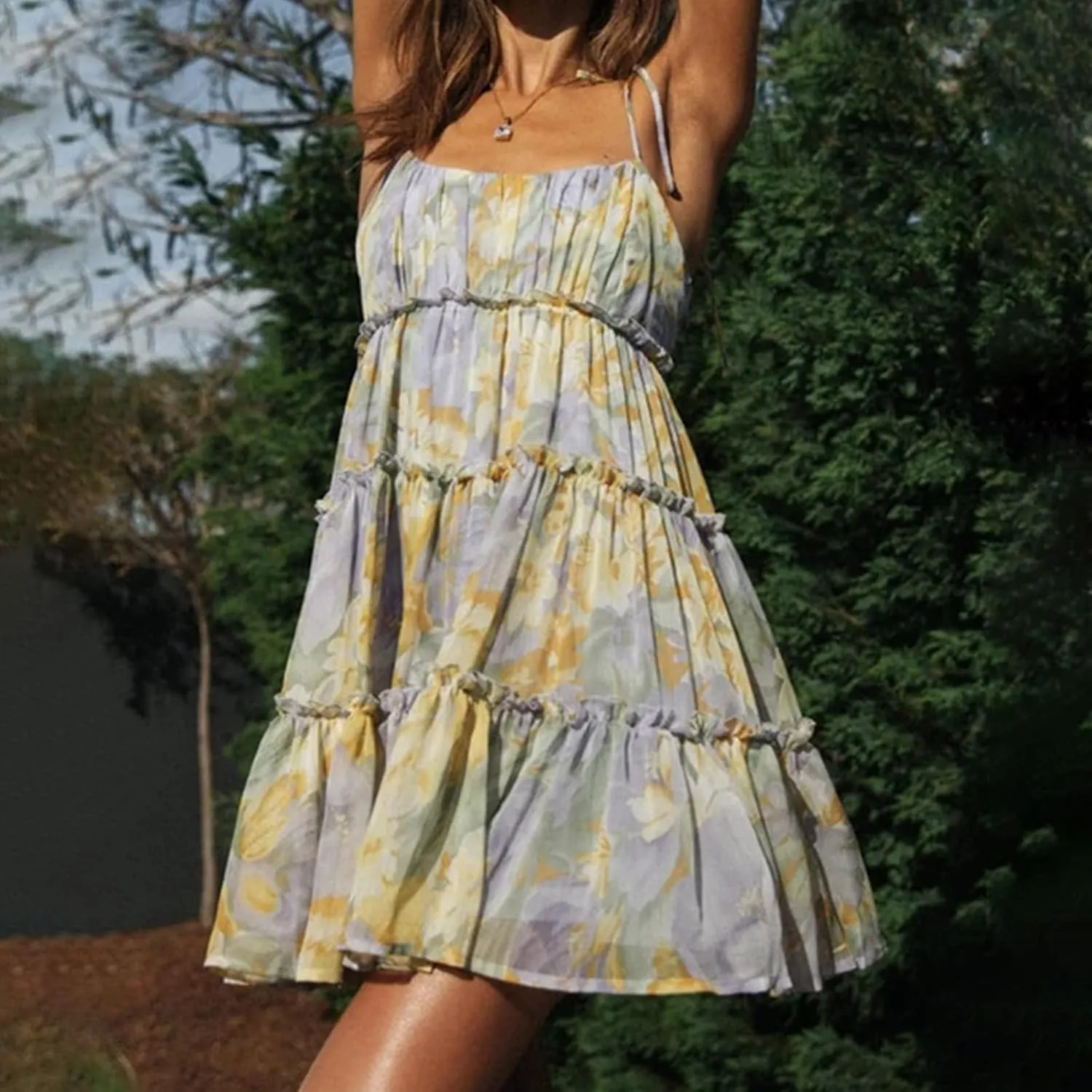 GOKKILRW Women's Summer Dress Boho Floral Print Spaghetti Strap Flowy Cami Dresses Sundresses Y2K Smocked Beach Mini Dresses