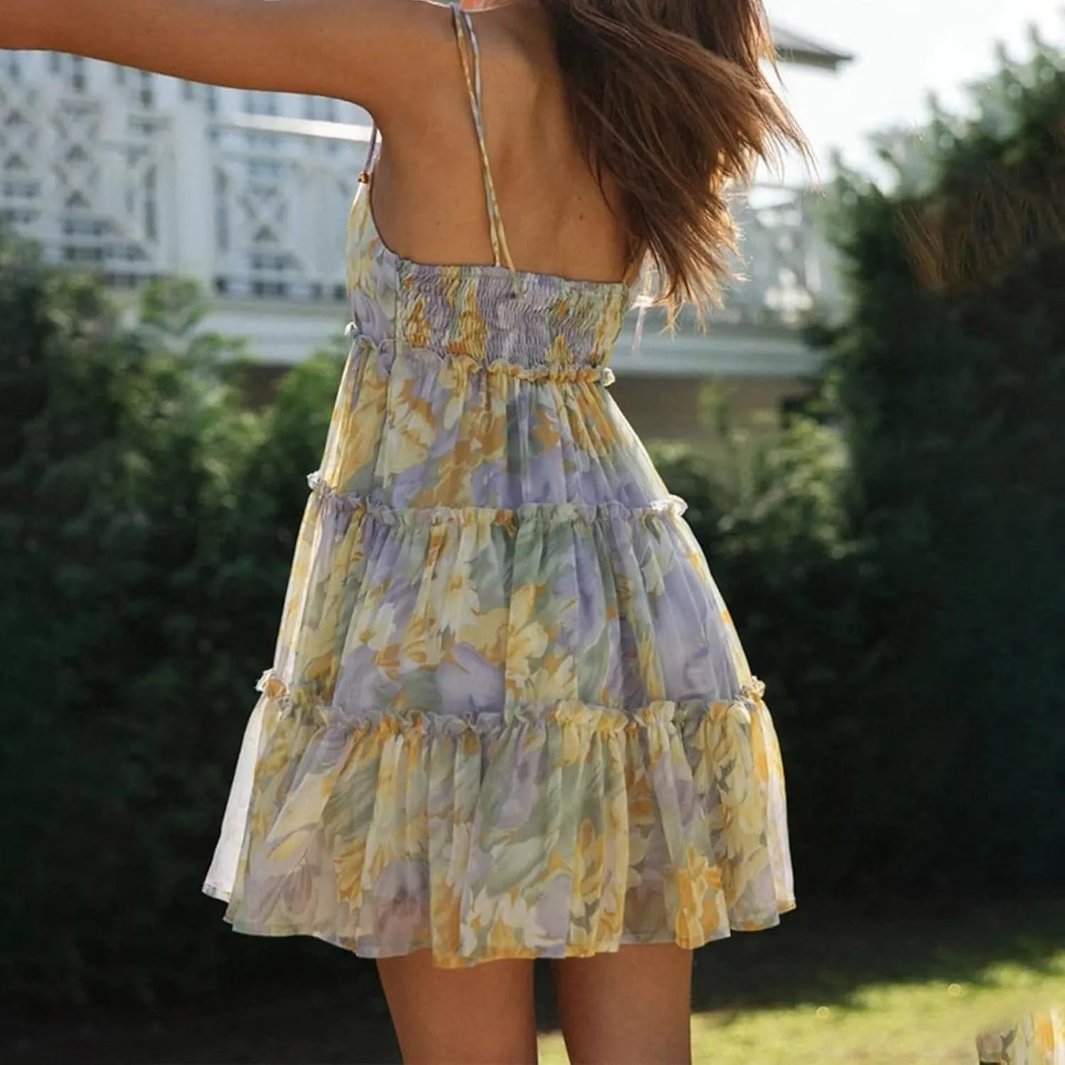 GOKKILRW Women's Summer Dress Boho Floral Print Spaghetti Strap Flowy Cami Dresses Sundresses Y2K Smocked Beach Mini Dresses