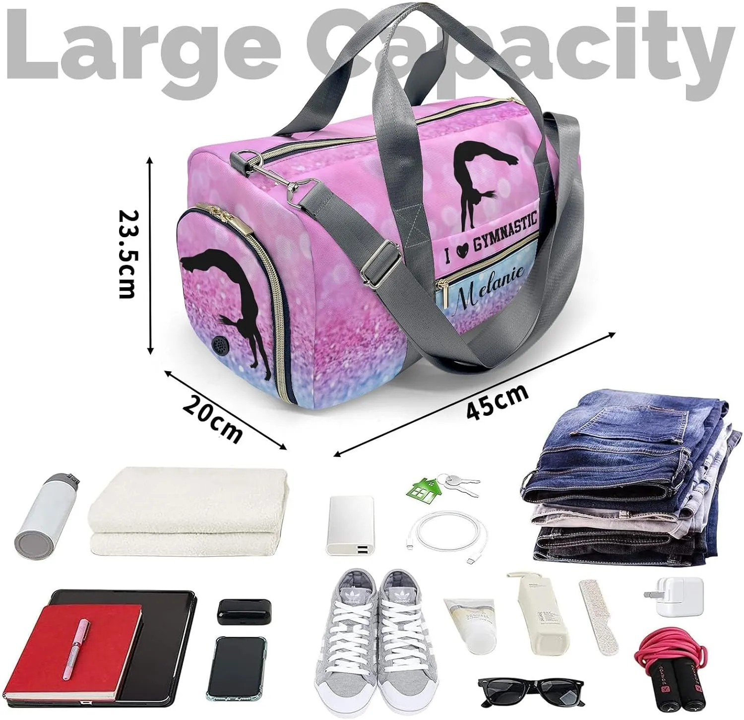 Gymnastics Girl Glitter Pink Personalized Duffel Bag Custom Name Travel Bag Weekend Overnight Bag with Shoe Compartmen for Women Girl Sports Gym Dance Bag Gymnastic Bags