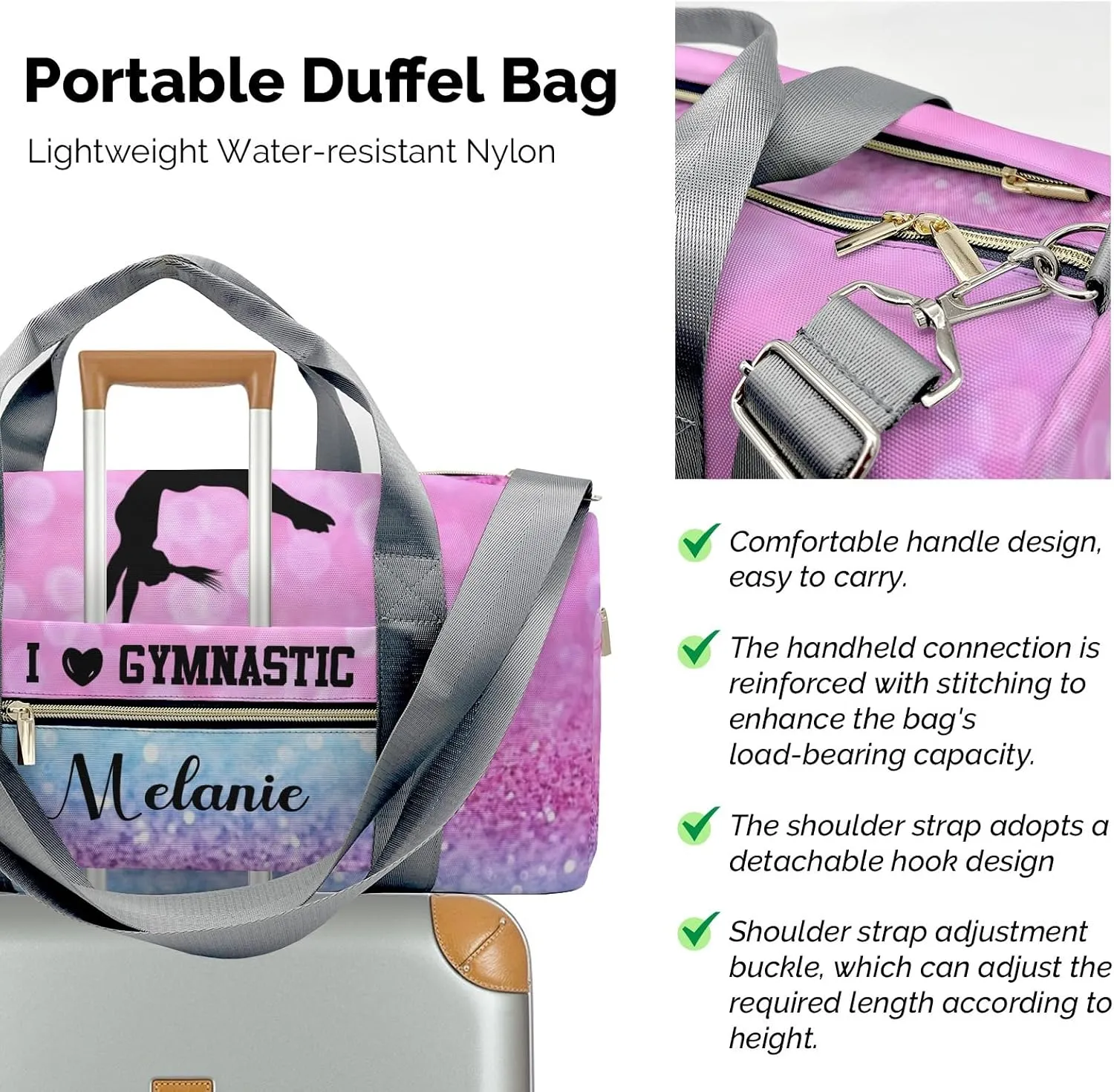 Gymnastics Girl Glitter Pink Personalized Duffel Bag Custom Name Travel Bag Weekend Overnight Bag with Shoe Compartmen for Women Girl Sports Gym Dance Bag Gymnastic Bags