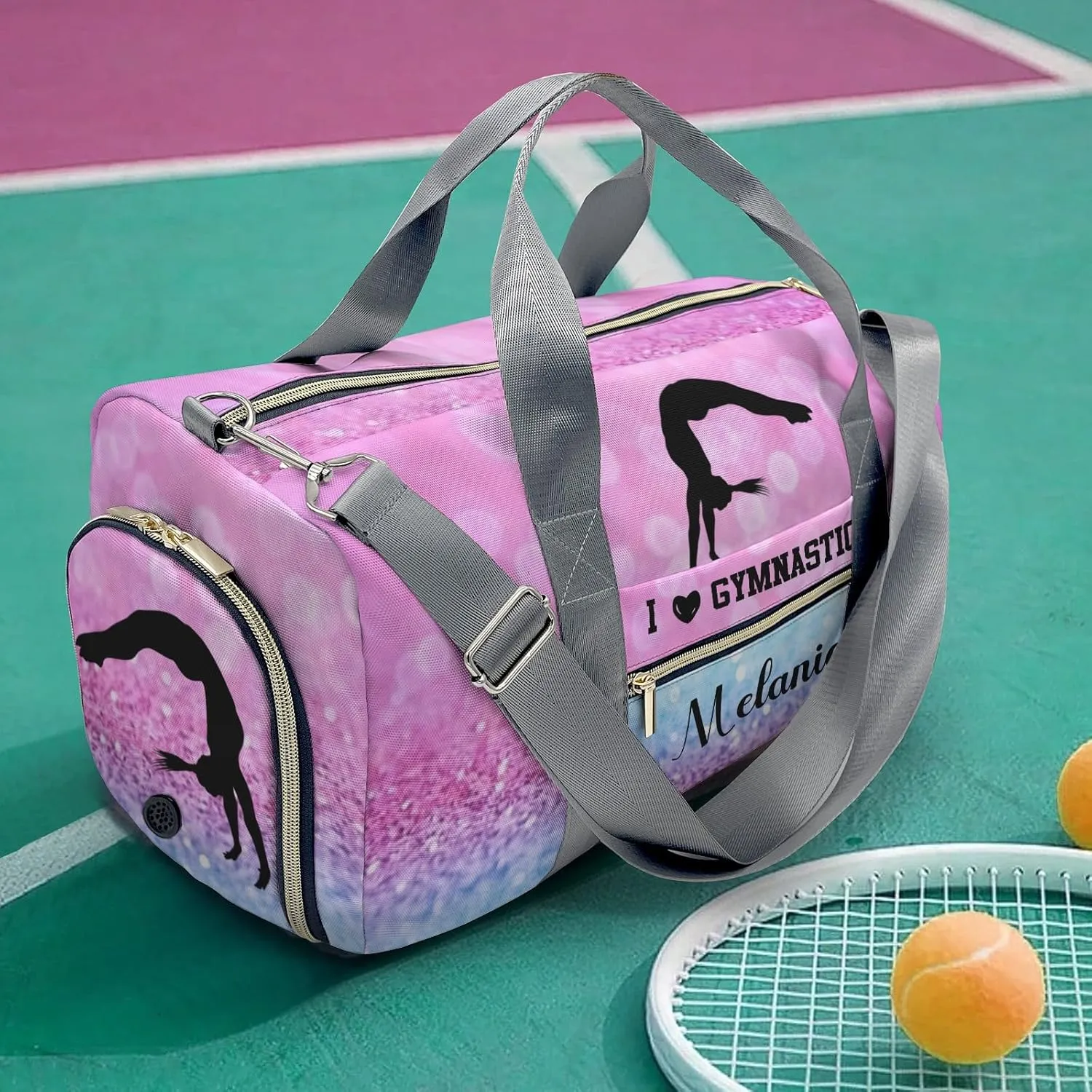 Gymnastics Girl Glitter Pink Personalized Duffel Bag Custom Name Travel Bag Weekend Overnight Bag with Shoe Compartmen for Women Girl Sports Gym Dance Bag Gymnastic Bags