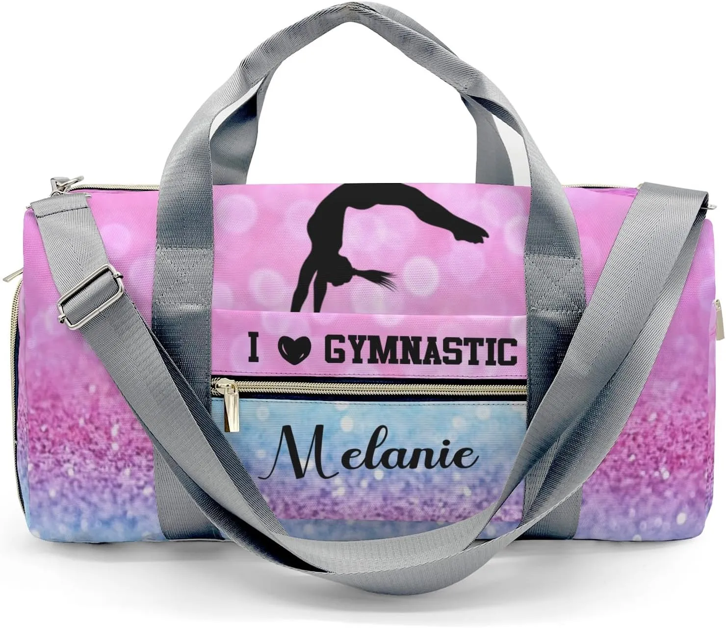 Gymnastics Girl Glitter Pink Personalized Duffel Bag Custom Name Travel Bag Weekend Overnight Bag with Shoe Compartmen for Women Girl Sports Gym Dance Bag Gymnastic Bags