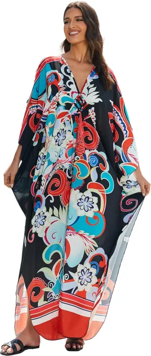 Kaftan Dresses Caftans Vneck Beach Caftan holidy Loose Causal Caftan Dresses Wave Neck Bathing Suit Cover Up Caftan Dress Plus Size Oversized Long Beach Dress Caftans Loungewear 8759-10 Flower