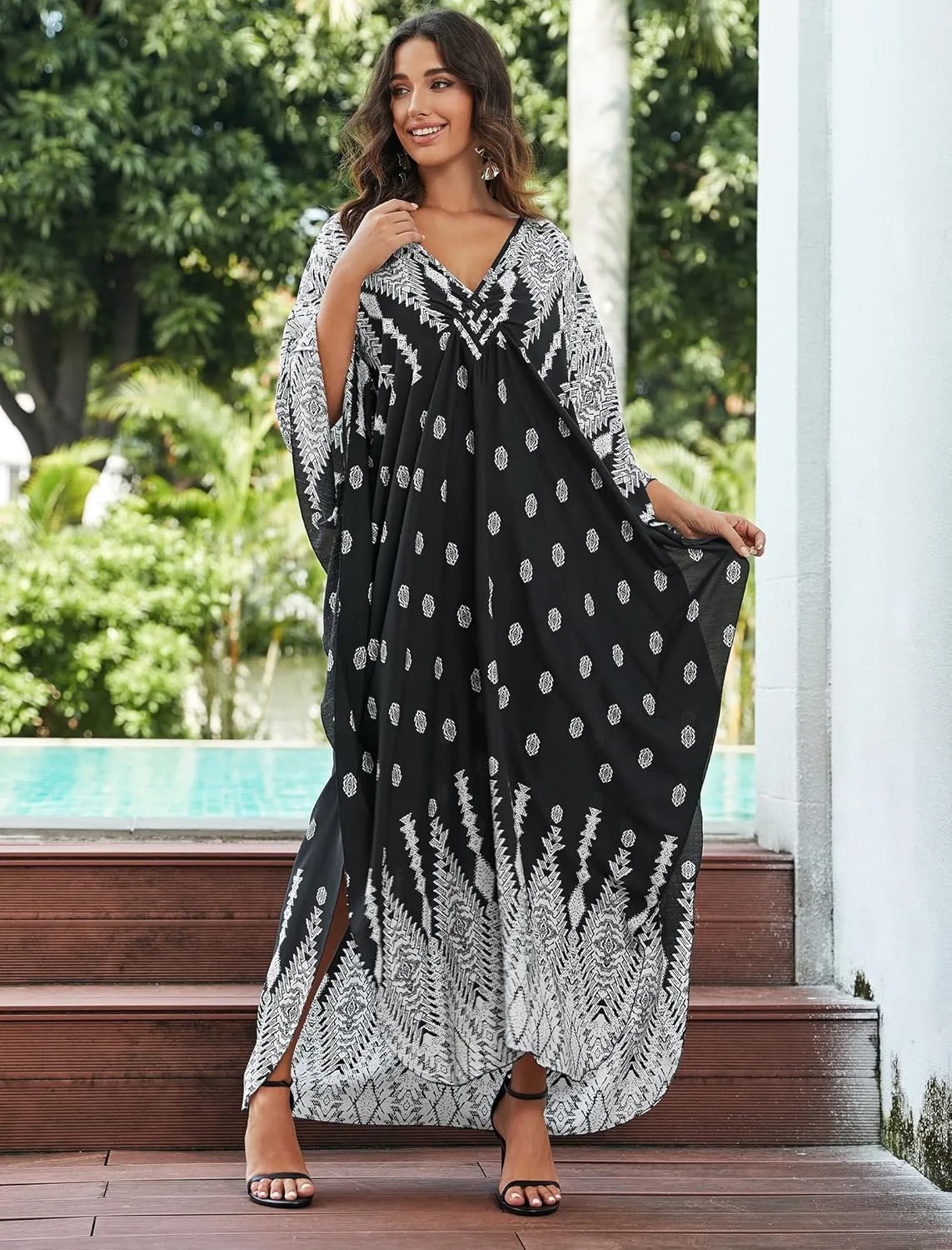 Kaftan Dresses for Women Fancy Long Caftans Plus Size Swimwear Cover-up Loose Beach Robe Batwing Sleeve Loungewear