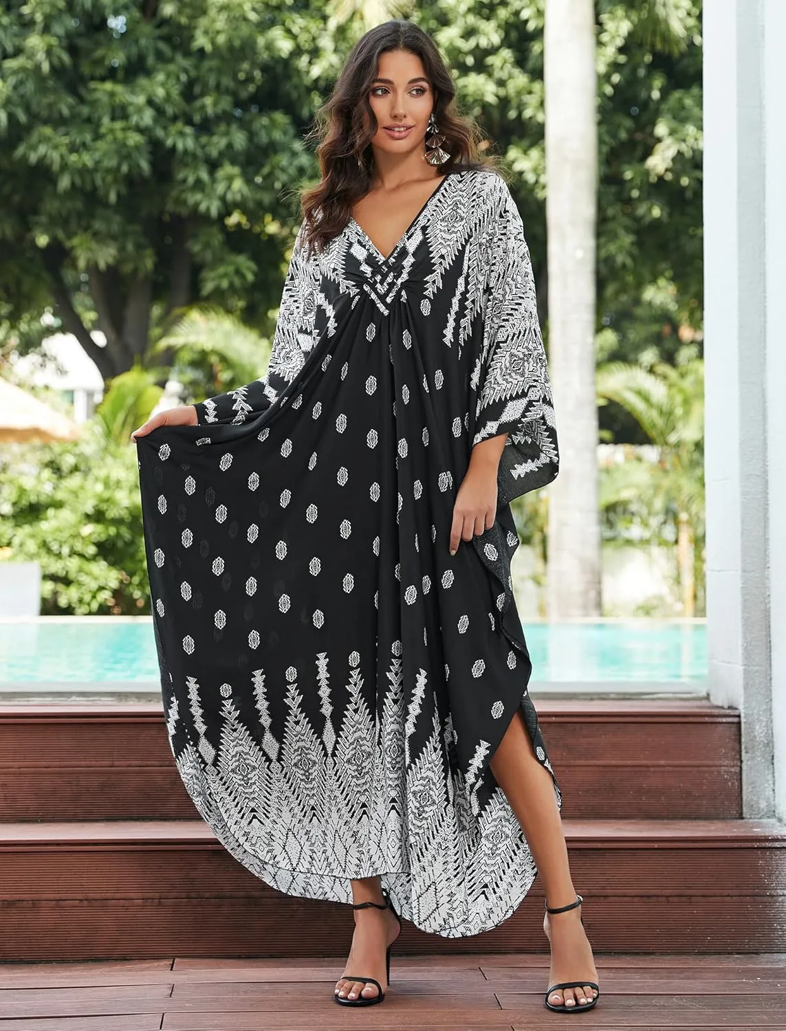 Kaftan Dresses for Women Fancy Long Caftans Plus Size Swimwear Cover-up Loose Beach Robe Batwing Sleeve Loungewear