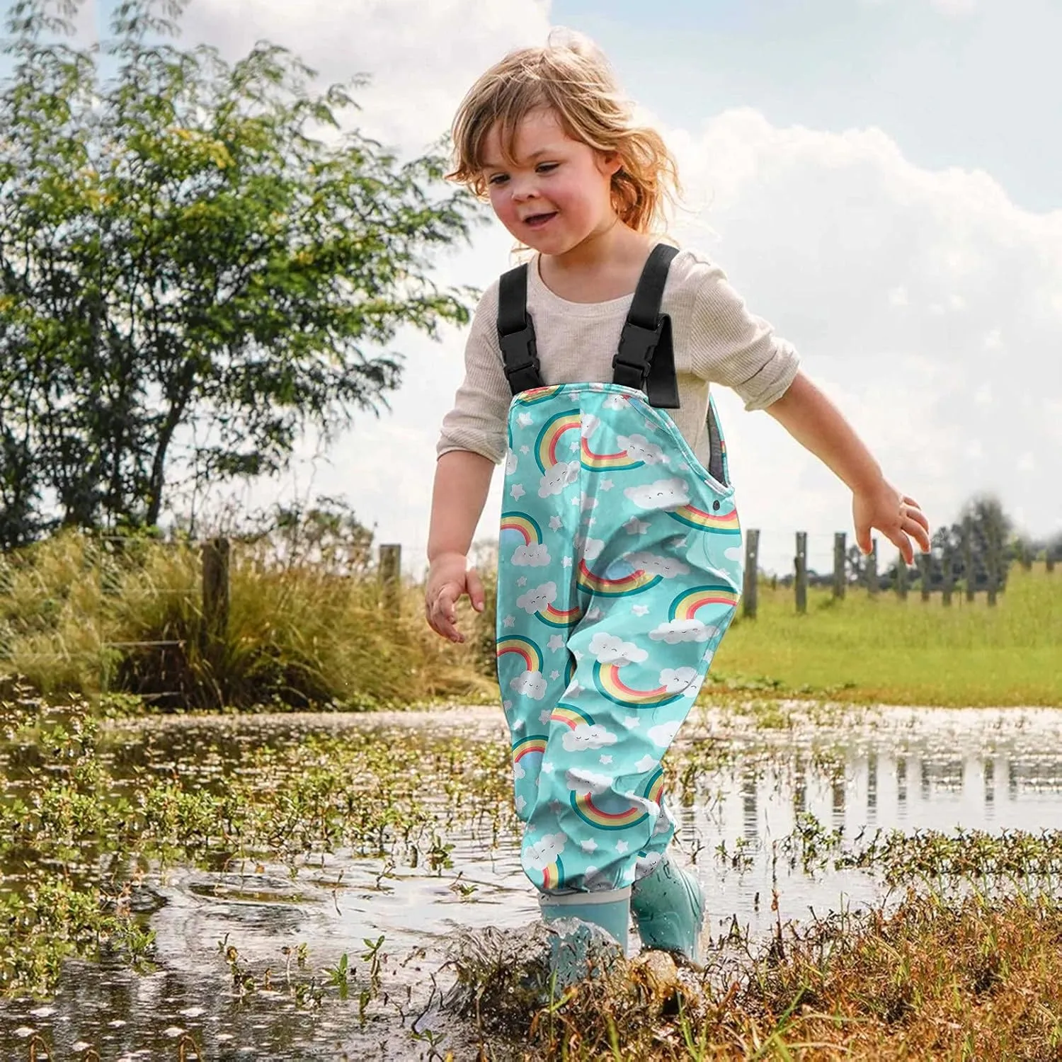 Kids Boys Girls Rain Bib Pants Windproof Mudproof Reflective Strips Rain Coats Adjustable Shoulder Straps