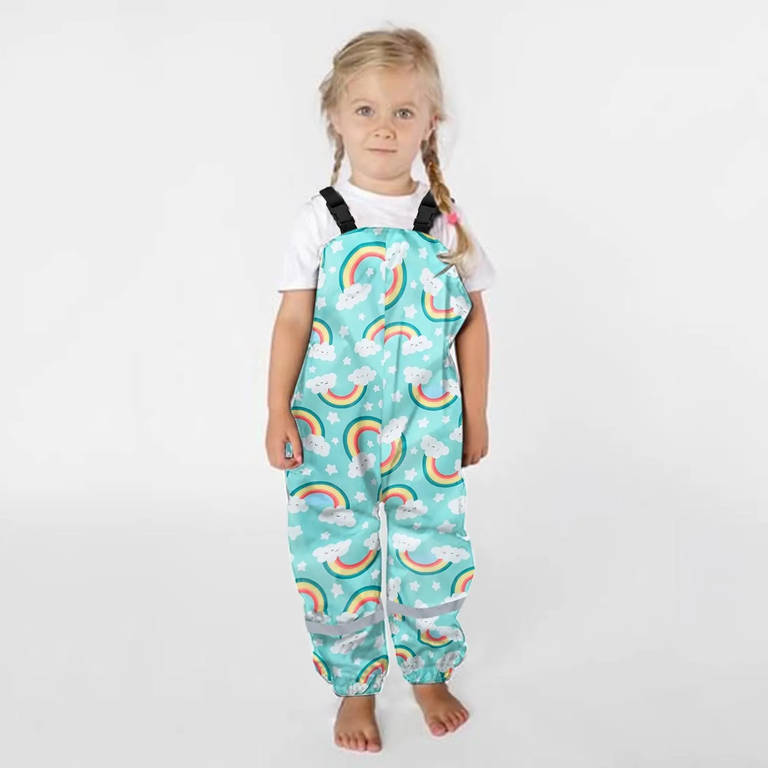 Kids Boys Girls Rain Bib Pants Windproof Mudproof Reflective Strips Rain Coats Adjustable Shoulder Straps