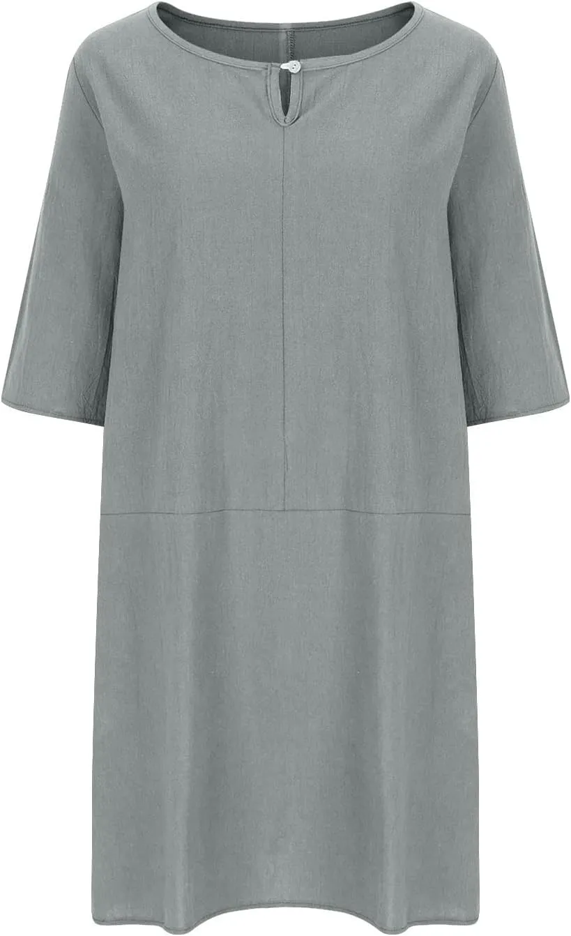 Knee Length Dress for Women Summer Basic Solid Short Sleeve Crew Neck Dresses Casual Loose Vacation Dress Plus Size