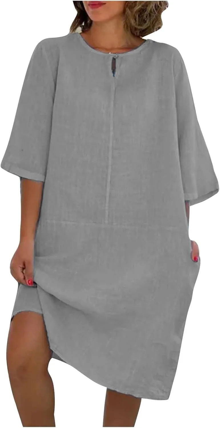 Knee Length Dress for Women Summer Basic Solid Short Sleeve Crew Neck Dresses Casual Loose Vacation Dress Plus Size