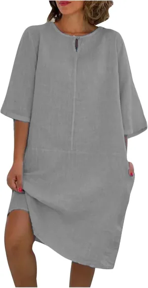 Knee Length Dress for Women Summer Basic Solid Short Sleeve Crew Neck Dresses Casual Loose Vacation Dress Plus Size