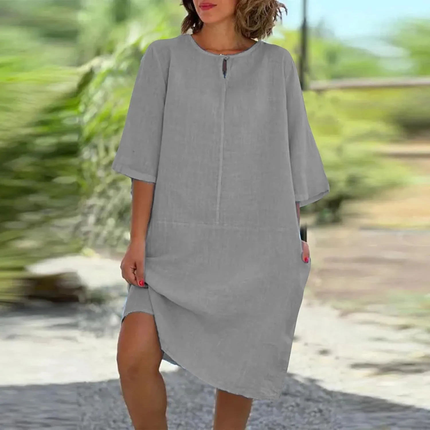 Knee Length Dress for Women Summer Basic Solid Short Sleeve Crew Neck Dresses Casual Loose Vacation Dress Plus Size