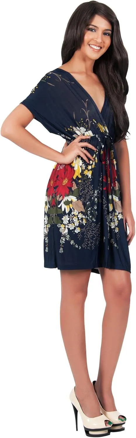 KOH KOH Womens Floral Print Summer Kimono Sleeve V-Neck Sexy Beach Mini Dress