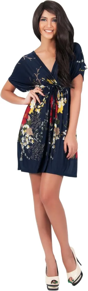 KOH KOH Womens Floral Print Summer Kimono Sleeve V-Neck Sexy Beach Mini Dress