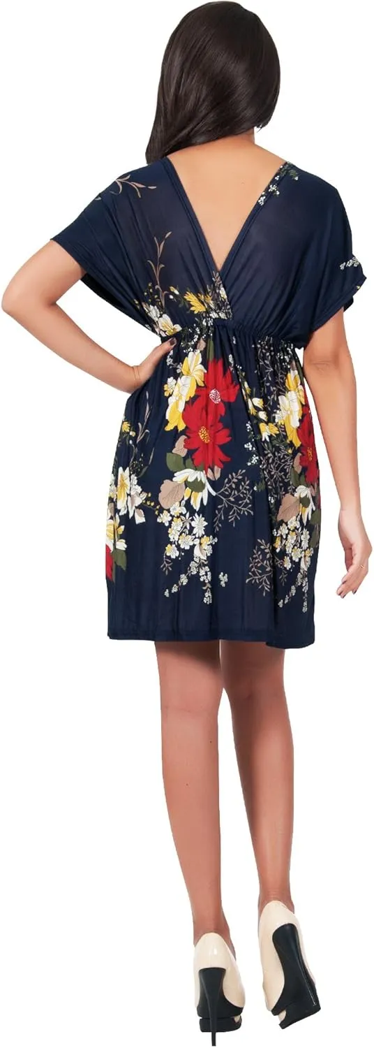 KOH KOH Womens Floral Print Summer Kimono Sleeve V-Neck Sexy Beach Mini Dress
