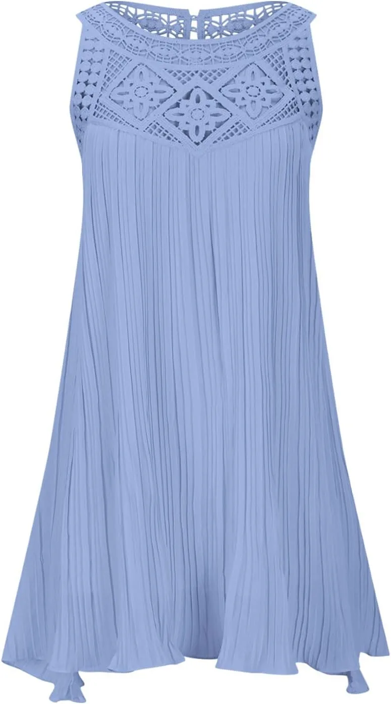 Lace Hollow Out Halter Dress Women's Summer Boho Beach Vacation Sundress Solid Loose Fit Casual A Line Flowy Dresses