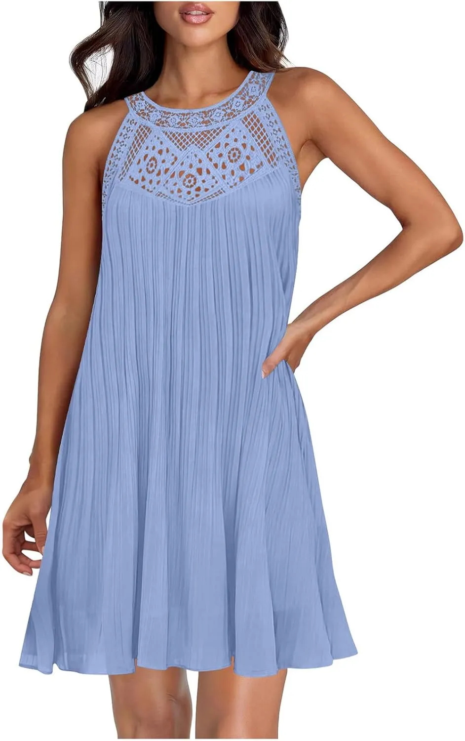 Lace Hollow Out Halter Dress Women's Summer Boho Beach Vacation Sundress Solid Loose Fit Casual A Line Flowy Dresses