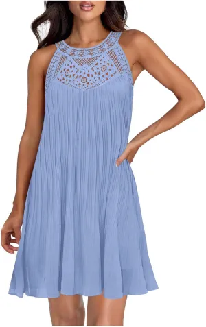 Lace Hollow Out Halter Dress Women's Summer Boho Beach Vacation Sundress Solid Loose Fit Casual A Line Flowy Dresses