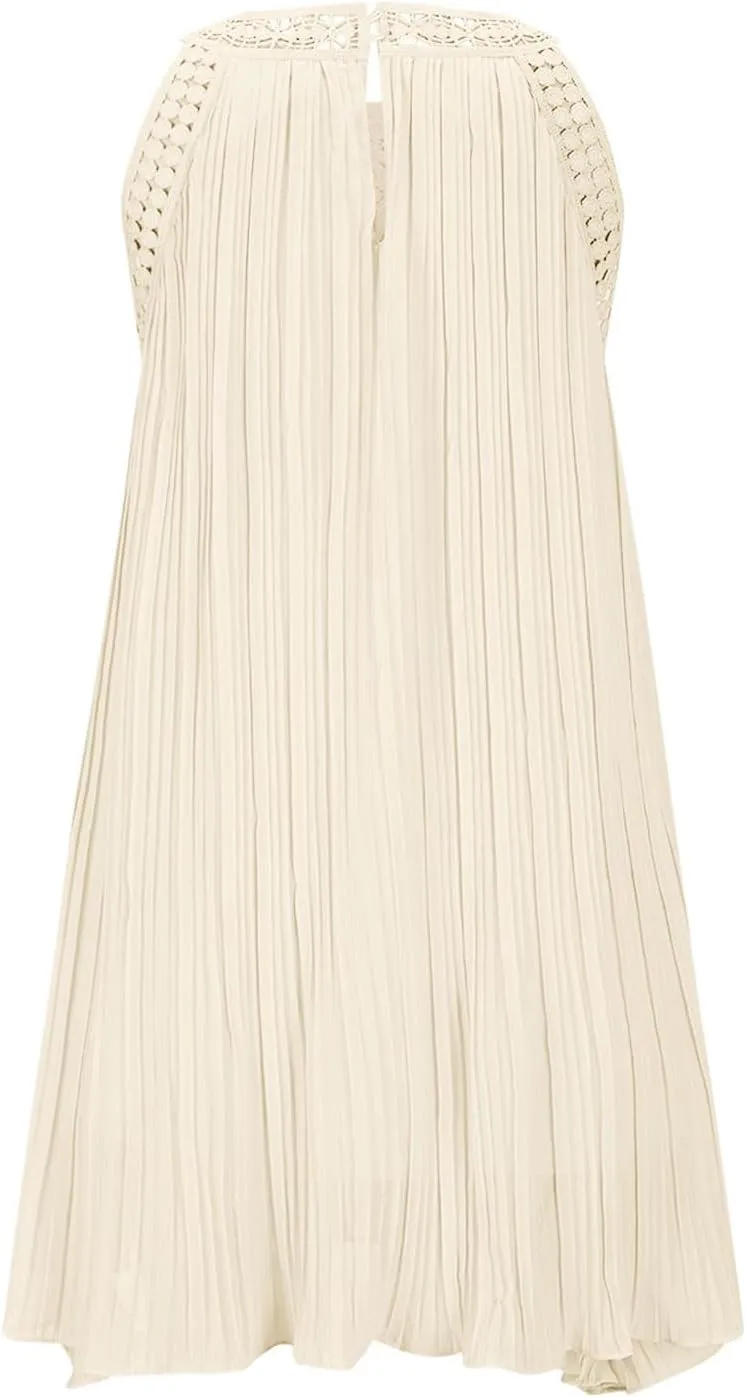 Lace Hollow Out Halter Dress Women's Summer Boho Beach Vacation Sundress Solid Loose Fit Casual A Line Flowy Dresses