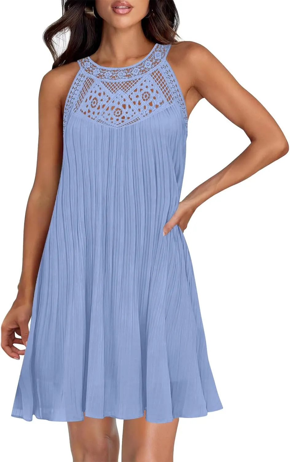 Lace Hollow Out Halter Dress Women's Summer Boho Beach Vacation Sundress Solid Loose Fit Casual A Line Flowy Dresses