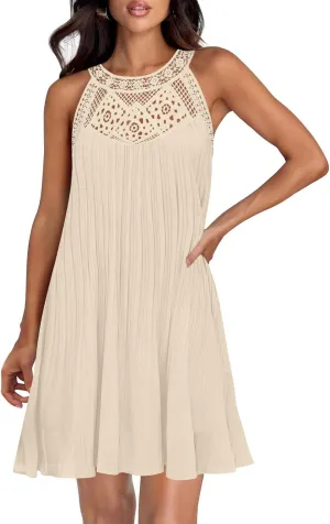 Lace Hollow Out Halter Dress Women's Summer Boho Beach Vacation Sundress Solid Loose Fit Casual A Line Flowy Dresses