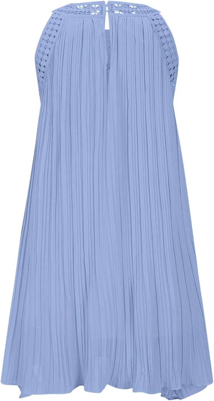 Lace Hollow Out Halter Dress Women's Summer Boho Beach Vacation Sundress Solid Loose Fit Casual A Line Flowy Dresses